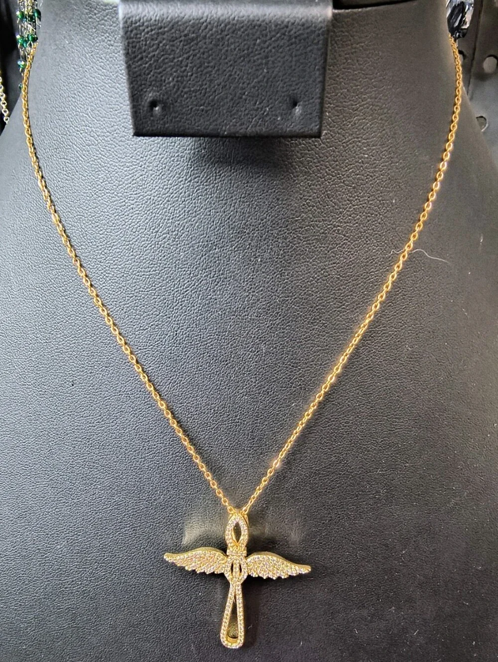18K Gold Over Stainless Steel Angel Wing Cross Necklace CZ Christian Faith 18+2